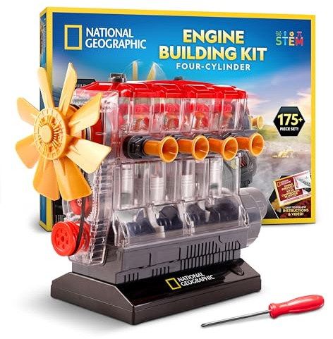 National Geographic 4-Cylinder Engine Building Kit – 175+ Piece Working Model with Moving Parts, Clear Visible Engine Model, STEM Building Toy with Tools & Learning Guide for Kids