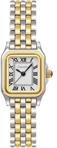 Casotime Relojes de oro para mujer, vintage, rectangular, delicada, joyería, reloj de pulsera pequeño, reloj delgado para mujer, esfera clásica con números romanos, resistente al agua hasta 3 ATM, con