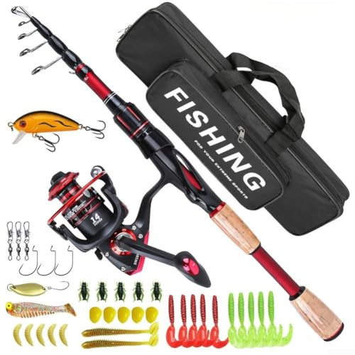 Canna da pesca e mulinello per combo, set in fibra di carbonio con scatola per attrezzi, per principianti, attrezzatura da viaggio portatile per escursioni, acqua dolce e salata