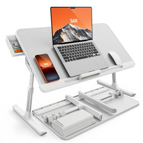 SAIJI Sängbricka för bärbar dator, justerbart laptop-sängbord i PVC, bärbart stående skrivbord med förvaringslåda, vikbart knäbord för soffa, soffa och golv (silver)