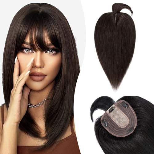 Silk-co Toupet Capelli Donna Veri con Frangetta Finta 45g Remy Human Hair Extension Clip Frangia 10 * 12cm Base Toupee 35cm - 2 Marrone Scuro