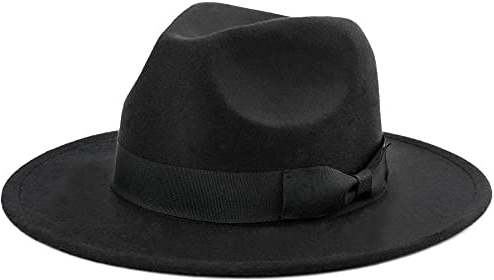 Besoogii klassisk bred kant kvinnor män Fedora hatt med bältesspänne filt panamahatt, Rosett-svart, one size