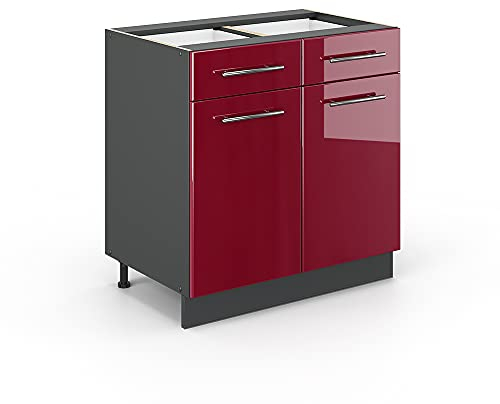 Vicco Küchenunterschrank Fame-Line, Bordeaux Hochglanz/Anthrazit, 80 cm ohne Arbeitsplatte