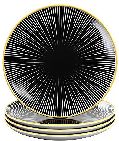 INTIRILIFE 4x Plato de porcelana en Rayas - Negro y Blanco - Diámetro 20.5 cm - Plato de desayuno, plato de postre, plato de servir para ensalada, fruta, pasta, postre, plato principal y snacks