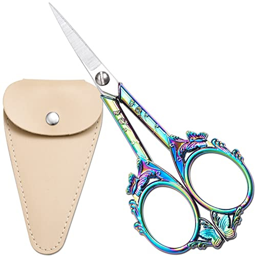 HITOPTY Ciseaux à broder, 11,9 cm, petits ciseaux de précision tranchants pour couture, point de croix, travaux d'aiguille, coupe de fil – Outils manuels arc-en-ciel vintage avec gaine abricot