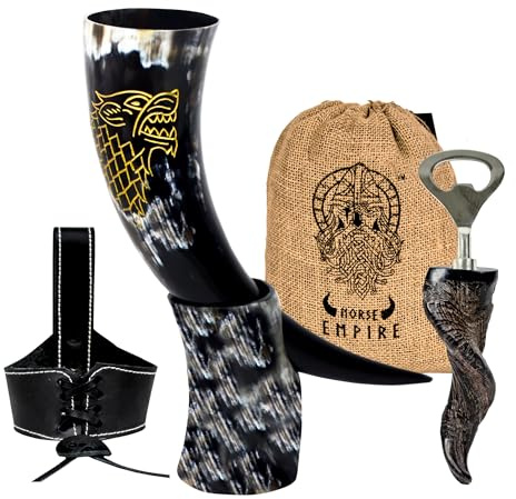 NORSE EMPIRE Genuine Ox-Horn Viking Drinking Horn with Horn Stand, Leather Holster Food Grade Tankard Christmas Cup for Drink Beer, Ale, Mead, Whiskey Gift For Men & Women …