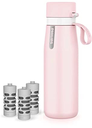 PHILIPS Water Bottle with Filter, Filter Water Bottle Stainless Steel with GoZero Everyday BPA-Free Tap Water Filter, Water Filter Bottle Keep Drink Cold 24 Hours, 3 Filters for 120 gal / 6 Months