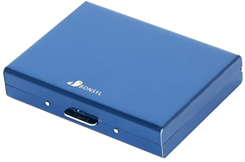 BONSYL® Porta Carte di Credito Portafoglio, Custodia Sottile in Metallo con Blocco RFID Contiene 10 Carte, Portafoglio per Carte di Credito per Donna e Uomo. (10 Slot-Blu)