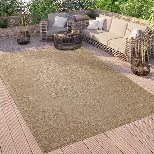 Paco Home Outdoor Teppich Wetterfest Balkon Küche Wohnzimmer Orientalisches Muster Vintage Optik Einfarbig 3D Modern, Grösse:80x150 cm, Farbe:Beige