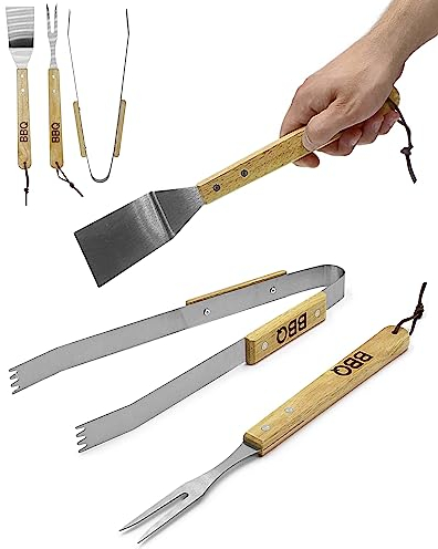 Grillbesteck-Set 3-TLG. mit Holzgriff und Edelstahl, Grillzubehör mit Grillzange, Grillwender und Fleischgabel mit extra-Langen Holzgriffen und Aufhängekordel | BBQ Grillset für Männer Geschenk