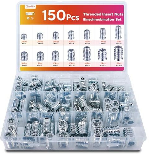 Gewindeeinsatz, Gorffy 150 Stück Einschraubmutter Holz, M6/M8/M10 Legierter Stahl Einschraubmuffen Gewindebuchse, Gewindebuchse Gewindeeinsatz für Holzmöbel, Silbern Gewindeeinsatz mit Box