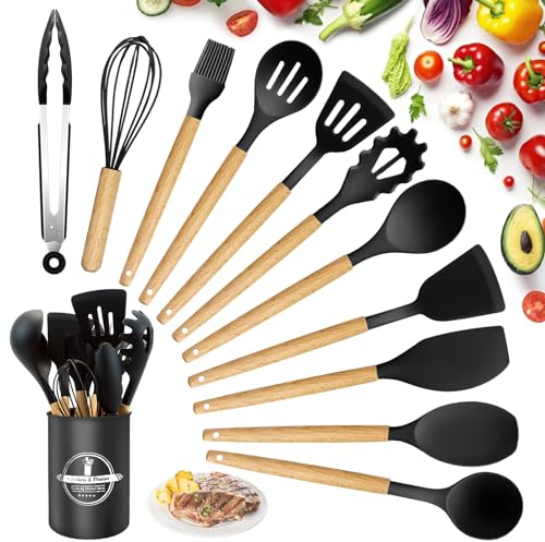 Utensili da cucina in silicone 22 pezzi, set di utensili da cucina per pentole antiaderenti, al calore e antiaderenti con manico in legno per utensili senza BPA