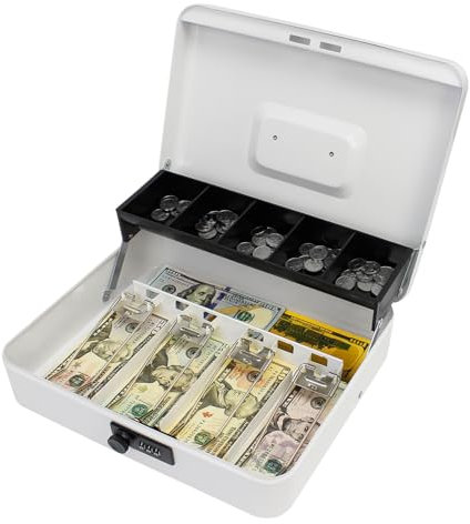 Secure Locking Cash Box with Key or comnination, Money Tray, and Organizer - Metal Money Safe for Cash Management (White Combination)