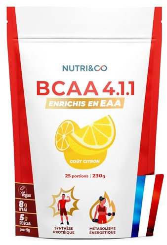 NUTRI & CO BCAA en Poudre 4.1.1 enrichi en EAA - Acides Aminés Prise de Masse & Récupération Musculaire - Leucine, Isoleucine, Valine - Vitamine B6-230g Saveur Citron - 25 portions Vegan
