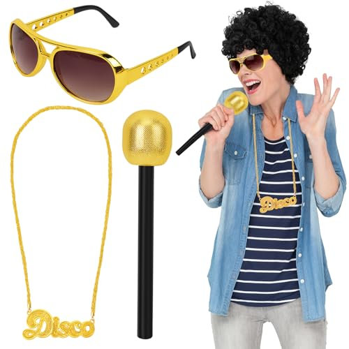 XEPST Ensemble de Costumes Disco pour Femmes - Ensemble d'Accessoires Disco 4PCS avec Perruque Afro Microphone Karaoké Collier Disco Lunettes de Soleil pour Fête Disco Unisexe Halloween des années 70