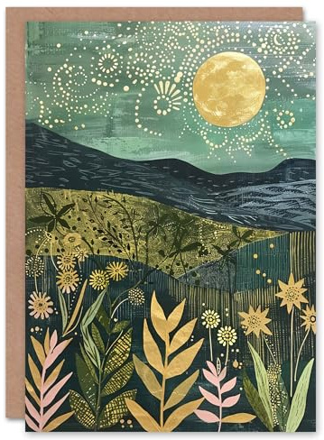 Artery8 Greeting Card Full Moon Floral Landscape Folk Art Painting Blank For Him Or Her Art Birthday Card