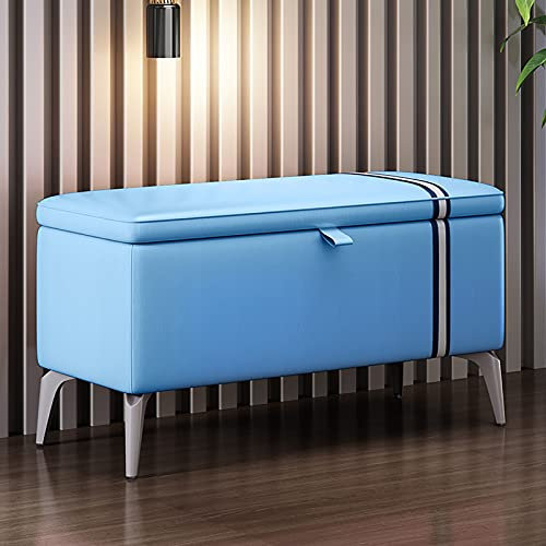 Modern blå läderförvaringsottoman bänk med vadderat säte massivt trä multifunktionsbänk för entré 70 x 35 x 45 cm