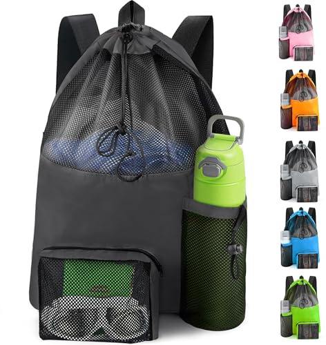 HOHOM Mesh Swim Bag Beach Drawstring Backpack, Waterproof Gym Bags for Women and Men, Large Pool Bag Swimming Gear for Swimmers
