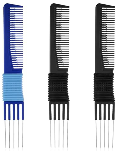 ZEYIYER 3 Pcs Teasing Comb, Lift Teasing Comb with Metal Prongs, Hair Backcombing Combs for Women Men Lifting Fluffing, Hair Styling (Black, Blue)