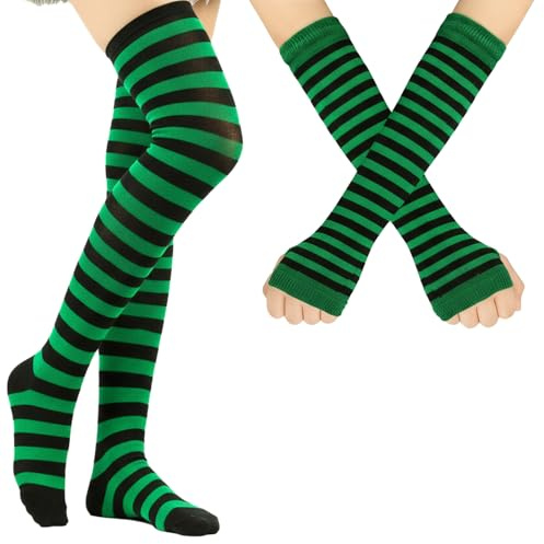 Vbxvsa Striped Handschuhe Kniestrümpfe Set Oberschenkelhohe Armstulpen Socken Gestreifte Strickhandschuhe (Grüne schwarze Streifen)