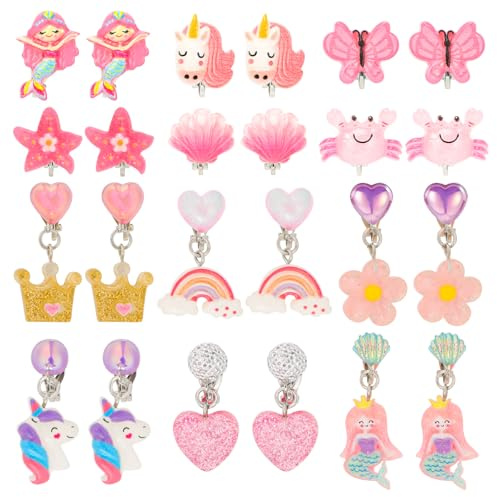 12 Paires Boucle d'Oreille Clip pour Fille, Clips Oreilles Non Percées de Licorne Sirène Papillon Arc-En-Ciel Cœur Fleur, Bijoux Princesse Mignons Cadeaux d'Anniversaire et de Noël pour Filles