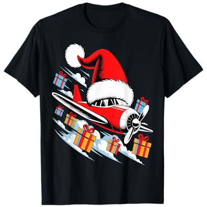 Avion de Noël Amusant avec lumières et Bonnet de Père Noël T-Shirt