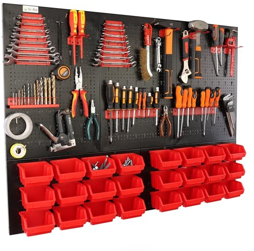 botle Panneau à outils mural perforé en métal, boîtes empilables + étagère murale + porte-outils, ensemble de 51 pièces, pour petites pièces, atelier mural avec 24 récipients empilables rouges