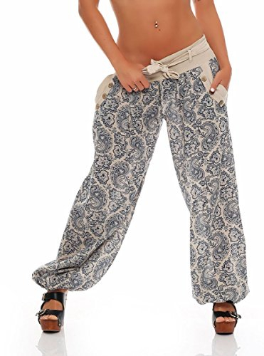Malito – Damen Haremshose Orient Print aus Baumwolle – Leichte Stoffhose mit elastischem Bund – Bequeme Hippie Hose für Strand & Alltag – Aladinhose für Frauen 3488 (Beige)
