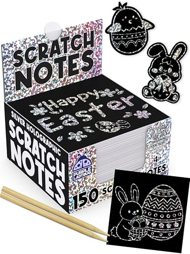 PURPLE LADYBUG Scratch Art Notes for Kids and Teens - 150 Sheets - Easter Basket Fillers, Kids Arts and Crafts, Birthday Present for Girls and Boys, Easter Crafts Activity (Silver Holographic)