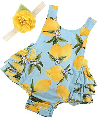 PrinceSasa Baby Girl Clothes Lemon Floral Ruffles Summer Romper and Headband for Newborn Gifts,A27,0-6 Months(Size S)