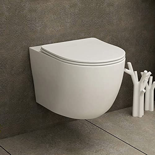 Wall Hung Rimless Toilet Short Projection 360mm Gloss White Round Pan Modern Bathroom Style & Slim Soft Close Seat – Compact Fit (Elva).