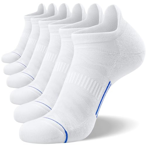 FITRELL 6 Pack Men's Ankle Running Socks Low Cut Cushioned No Show Compression Athletic Sports Gift for Men, Shoe Size 9-12, White+Blue