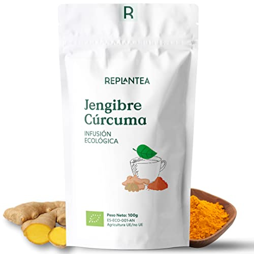INFUSION JENGIBRE Y CÚRCUMA Ecológica 100g (50 Tazas) | Sabor Intenso 98% Jengibre, 1% Cúrcuma y Cardamomo REPLANTEA®