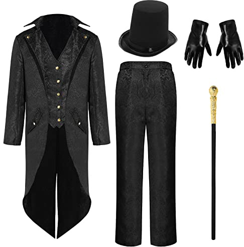 Hillban 5 Pcs Men's Steampunk Vintage Tailcoat Jacket Gothic Victorian Uniform Halloween Costume Set Top Hat Gold Walking Cane (2XLarge)