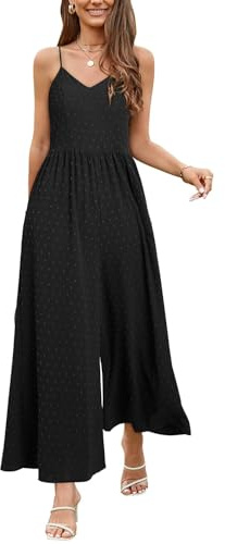 LAISHEN Jumpsuit for Women UK Playsuits Wide Leg Dressy Pants Overall Ladies Summer Casual Dungarees Romper with Pockets (Black, L)