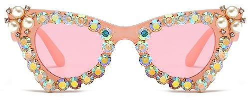LJCZKA Retro Occhiali da Sole Occhi di Gatto Diamante Donna, Vintage Quadrati Strass Perla Montatura Festa Punk Sfumature Protezione UV400 (Rosa Rosa)