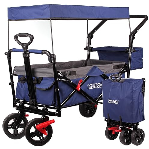 Bollerwagen Faltbar Handwagen Klappbar Gartenwagen mit Dach Transportwagen Gurte (Dunkelblau)