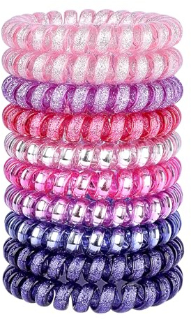JessLab Spiral Hair Ties, 10 Pcs No-Damage Elastic Bands, Bobbles for Women | Berry Glitter, Small Clear Coils for Thick or Fine Ponytails, Kids and Girls, Water-Resistant for Swimming, Gym, School