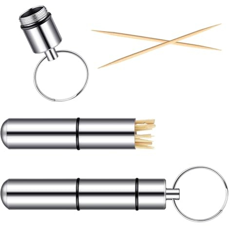 Pocket Toothpick Holder Waterproof Aluminium Alloy Toothpick Box Metal Pill Case with Key Ring,3 x 0.55 Inch