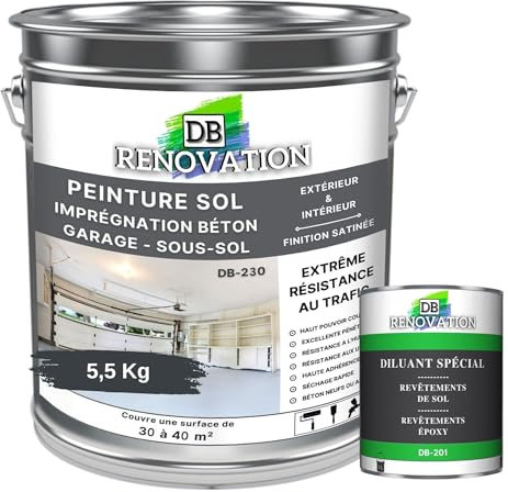 DB Rénovation PEINTURE SOL BETON Industriel - Garage, sous-sol - Extrême trafic intérieur, extérieur - Haute résistance - Gris anthracite - Kit 5,5KG + 1L Diluant