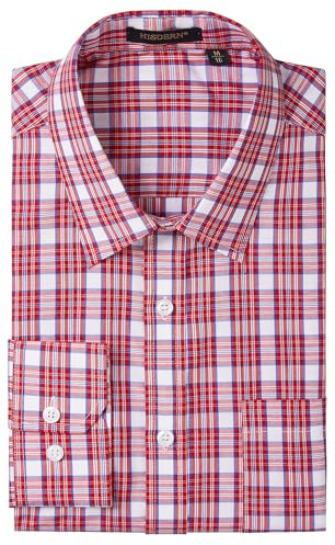 HISDERN Mens Plaid Dress Shirts Long Sleeve Checked Button Down Shirt Business Casual Gingham Shirts with Pocket Regular Fit Formal Wedding Red