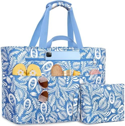 NEWIROVE Bolsa Playa Mujer Grande Xxl Familiar Bolsos Playa Con Cremallera Beach Bag Plegable Bolsa Viaje Ligero Tote Bag Mujer Para Playa, Viajes, Picnic. 50L, Blu etnico