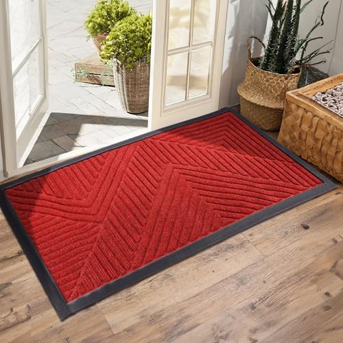 Outdoor Doormat, 45 x 75 cm, Weatherproof Non-Slip Rubber Dirt Trapper Mat for Front Door, Durable and Washable Door Mat Rug, Outdoor, Striped Doormat for Outdoor Use (Red)