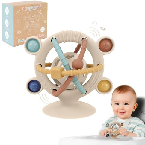 TYRY.HU Anneau de Dentition avec Hochet,Succion Ventouse et Silicone Alimentaire,Jouet d'Éveil pour Chaise Haute,Idée Cadeau pour Bébé 0-12 Mois, Jouet Sensoriel Nouveau-Né