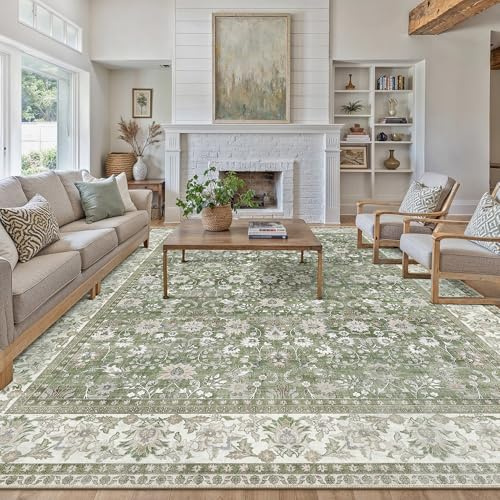 PureCozy Vintage Area Rug Living Room Extra Large 240x300 cm Machine Washable Non Slip XXL Rugs for Kitchen Bedroom Dining Room Home Office, Soft Low Pile Carpet for Indoor Home Decor,Green