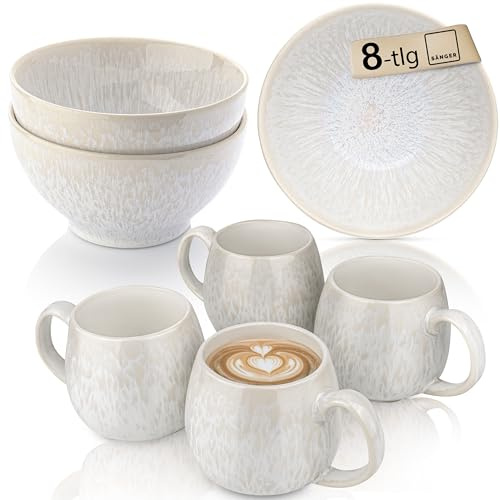 SÄNGER Korfu I Frühstücksset 8 tlg für 4 Personen, Steingut Geschirr Handmade I Frühstück & Kaffee, Je 4x Müslischale & Kaffeebecher Creme mit Sandiger Maserung | PREMIUM COLLECTION