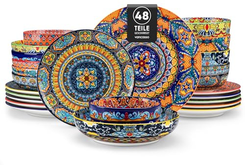 Juego de Vajilla para 12 Personas Cerámica, vancasso KRVI 48 Piezas Vajilla Moderna de Porcelana, Servicio de Mesa Estilo Bohémio, Juego de Platos y Cuencos, Servicio Combinado de Colores