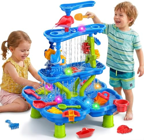 Beeoecm Tavolo Acqua Bambini, Tavolo Sabbia e Acqua a 4 Livelli con Accessori per Sabbiera, Grande Tavolo d’Acqua per Giardino, Spiaggia ed Estate, Giocattolo d’Acqua per Bambini dai 3 Anni