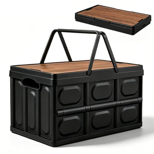 Piashow Klädbox med Lock Vikbar, 30L Förvaringslåda med Lock och Handgrepp, Utomhus Campningslåda Vikbar, Bagagerumsorganisatör, 43x30x24 cm, Klädboxar för Förvaring, Transport (Svart)