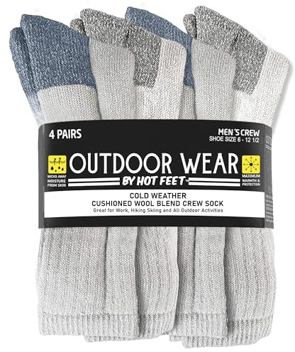 HOT FEET 4 Pack Work Socks for Men & Women - Breathable Boot Hiking Socks, Moisture Wicking Thick Wool Socks, Sizes 6-12.5, Man, Gray & Blue